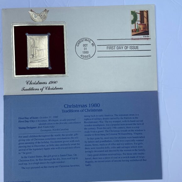 22kt Golden Replica Stamps 6 Piece Set Indian Art & Christmas 1980 - Picture 2 of 11